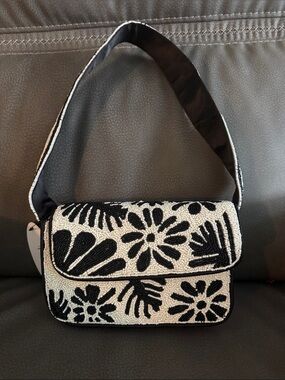 Beaded Black & White Floral Shoulder Bag